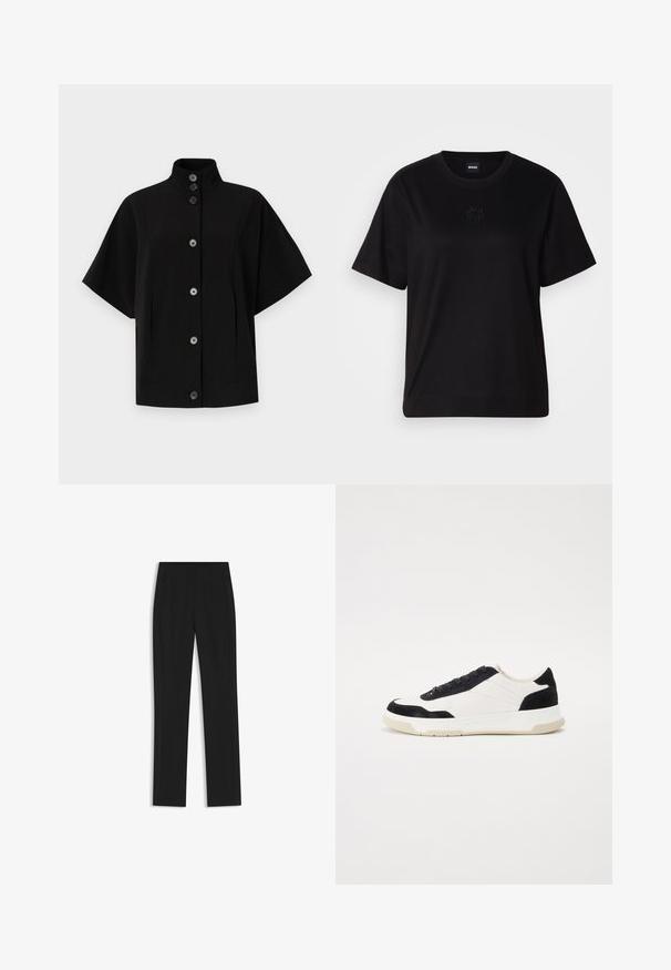 Czarna kurtka krótki rękaw z wysokim kołnierzem, zapięciem na guziki z przodu oraz kieszeniami po bokach. Wykonana z gładkiego, strukturalnego materiału o minimalistycznym wzornictwie.; Czarny bawełniany t-shirt z okrągłym dekoltem, krótkimi rękawami i haftowanym logo na piersi. Prosty, luźny krój bez wzorów.; Czarne spodnie o dopasowanym kroju z prostymi nogawkami, z przednimi kieszeniami i gładką, teksturowaną tkaniną. Schludne, minimalistyczne wykończenie.; Sneakers z białą skórzaną cholewką, czarnymi zamszowymi akcentami i teksturowaną gumową podeszwą. Posiadają sznurowany design i przeszycia.