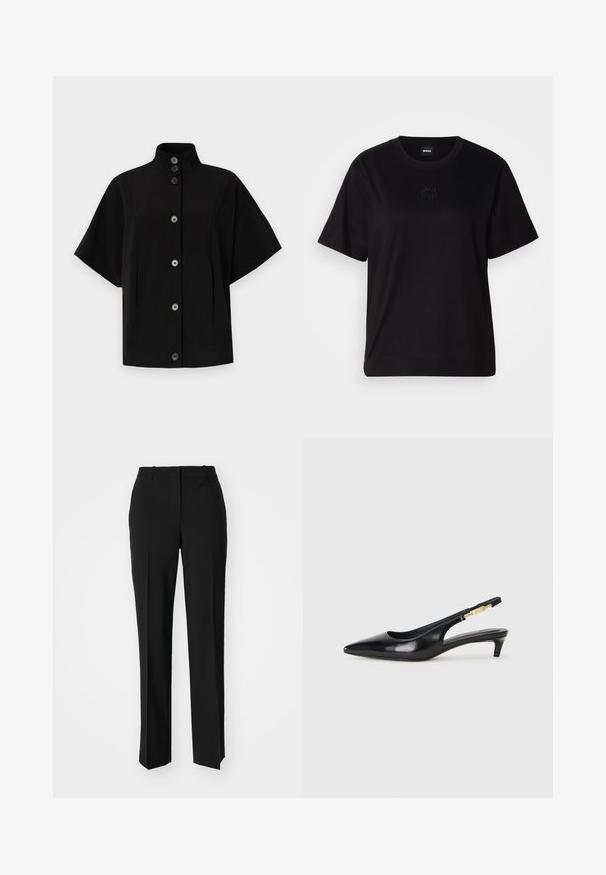 Čierna kratká bunda s krátkym rukávom, vyznačujúca sa vysokým golierom, predným zapínaním na gombíky a bočnými vreckami. Vyrobená z hladkej, štruktúrovanej tkaniny s minimalistickým dizajnom.; Čierne bavlnené tričko s okrúhlym výstrihom, krátkymi rukávmi a vyšívaným logom na hrudi. Jednoduchý, voľný strih bez vzorov.; Čierne krajčírské nohavice so strihom rovného nohu, s hladkou textúrou a ostrými skladmi pozdĺž prednej časti. Žiadne viditeľné hardvér.; Čierne kožené slingback opätky s špicatou špičkou, s úzkym opätkom a zlatým detailom na nastaviteľnom remienku. Hladká textúra.
