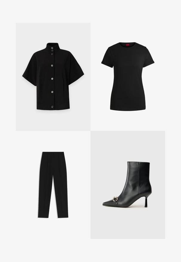 Schwarze Kurzarmjacke mit hohem Kragen, vorderem Knopfverschluss und seitlichen Taschen. Hergestellt aus glattem, strukturiertem Stoff mit minimalistischem Design.; Schwarzes Baumwoll-T-Shirt mit kurzen, aufgerollten Ärmeln, rundem Halsausschnitt und rotem Etikett. Glatte Textur, taillierte Form mit minimalen Details.; Schwarze Hose mit geradem Schnitt, doppelten Falten, einer glatten Textur und einem klassischen Bunddesign. Keine sichtbaren Beschläge oder Akzente.; Schwarze Leder-Stiefelette mit spitzer Zehe, schlankem, mittelhohem Absatz und silberner Schnalle seitlich vor einem schlichten Hintergrund.