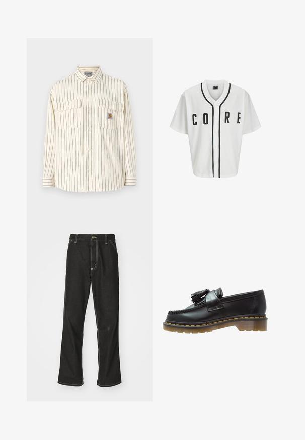Crème overhemd met verticale marineblauwe strepen, twee borstzakken en een merkpatch. Lange mouwen met knoopmanchetten.; Witte honkbalstijl trui met korte mouwen, zwarte voorknopjes en gedurfde "CORE" letters in het zwart. Beschikt over zwarte accenten langs de kraag.; Witte katoenen T-shirt met lange mouwen en ronde hals, met een klein geel en bordeaux logo op de linkerborst. Naadloze manchetten en zoom.; Zwarte denim jeans met een losse pasvorm, voorzien van contrasterende witte stiksels, een knoopsluiting en een recht ontwerp.; Zwarte leren instappers met een gestructureerde afwerking, voorzien van een decoratieve kwast en contrasterende gele stiksels, op een chunky, transparante zool.