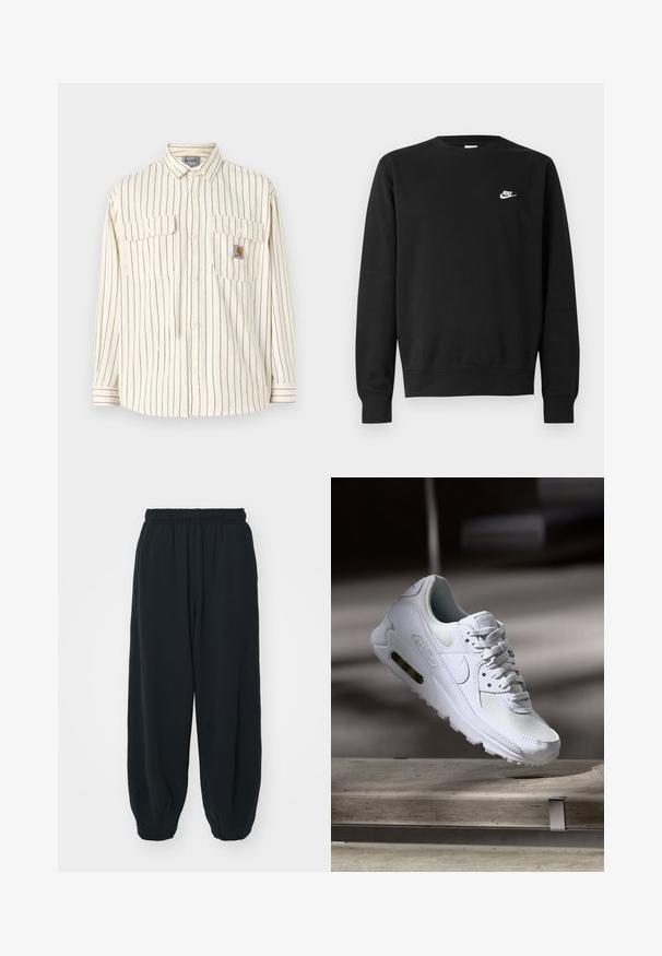 Kreminė mygtukinė marškinė su vertikaliomis tamsiai mėlynomis juostelėmis, dviem krūtinės kišenėmis ir prekės ženklu. Ilgos rankovės su mygtukais.; Juodas medvilninis džemperis su apvalia iškirpte, ilgomis rankovėmis ir mažu baltu „Nike“ logotipu viršutinėje kairėje krūtinės pusėje.; Juodi, su elastiniu juosmeniu sportiniai kelnės su laisvu siluetu, suapvalintais kulkšnimis, lygia tekstūra ir be matomų raštų ar metalinių akcentų.; Baltos Nike Air Max 90 sportbačiai su.comi ir odos viršumi, perforuota pirštų dėžute ir matomu oro pagalvėle kulne.