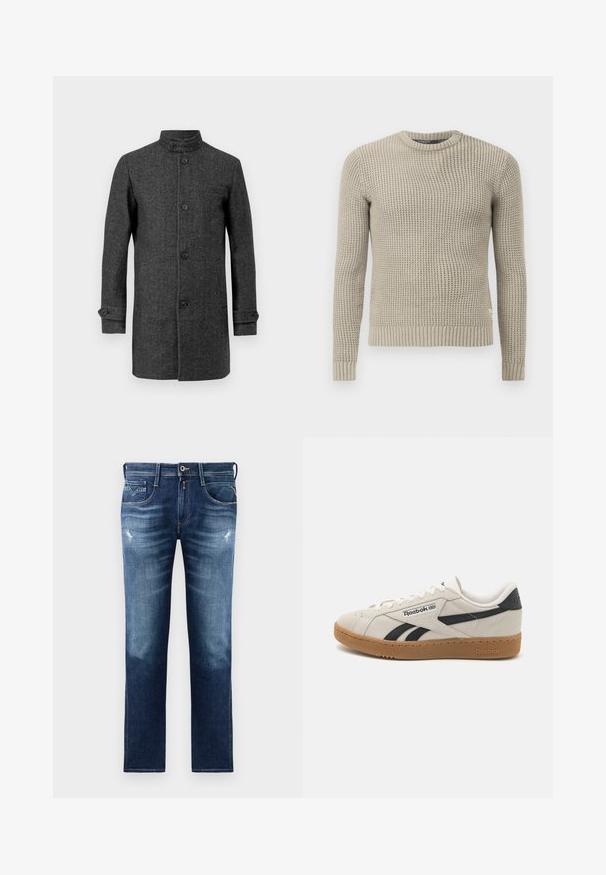 Grijze wollen jas met hoge kraag, knopen aan de voorkant en zijzakken. Kenmerkt zich door een getailleerde vorm en knoopmanchetten voor een gestructureerde uitstraling.; Beige gebreide trui met lange mouwen, geribde manchetten en zoom, ronde hals, gestructureerd patroon, gemaakt van zacht materiaal.; Blauwe denim jeans met een reguliere pasvorm, voorzien van een vervaagde wassing, lichte slijtage, vijf zakken en contrasterende stiksels. Knopen sluiting bij de taille.; Reebok sneakers in beige nubuck met zwarte accenten. Beschikt over een gumrubber buitenzool, traditionele vetersluiting en een gevoerde kraag voor comfort.