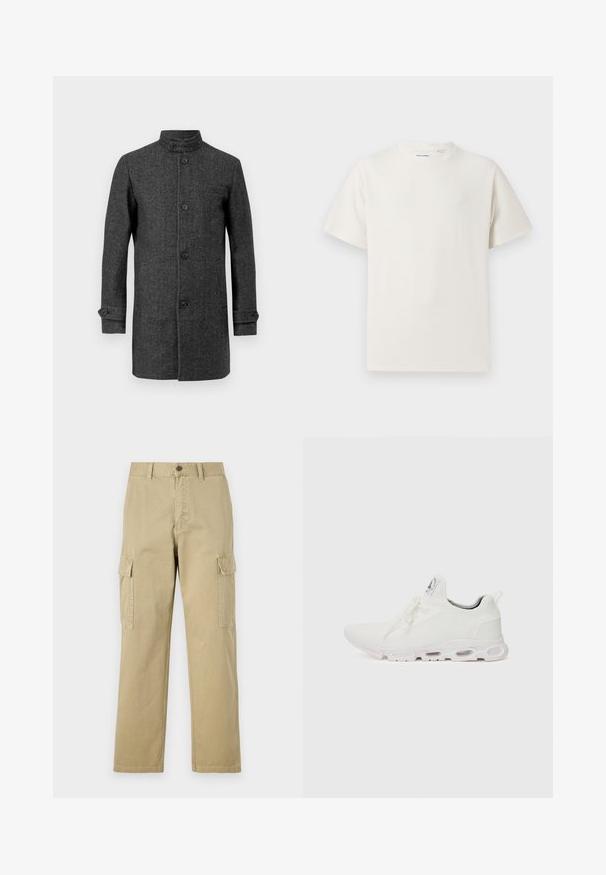 Grå uldfrakke med høj krave, frontknapper og sidelommer. Har skræddersyet form og knaplukning ved ærmerne for et struktureret look.; Hvid kortærmet T-shirt i ribbet tekstur. Rund halsudskæring, løs pasform, ingen synlige mønstre eller accenter. Enkel og alsidig design.; Beige cargo bukser lavet af bomuld, med to sidelommer, knaplukning og lige ben i et let tekstureret stof.; Hvide atletiske sko med en tekstureret strikket overdel, flade snørebånd og en polstret sål med synlige luftkamre for ekstra støtte.