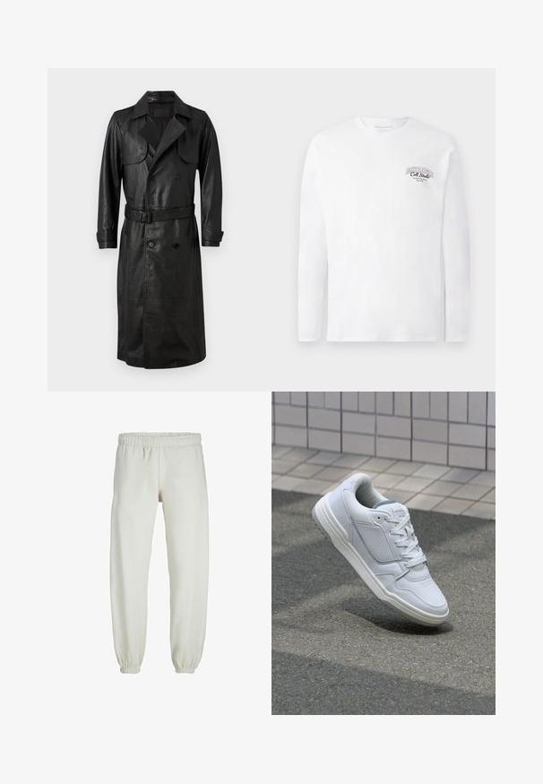 AllSaints NEO - Trenčkot - black; Bela dolga majica s strokovnim ovratnikom in majhnim črnim napisem "JACK & JONES Coll. Studio" na zgornjem levem prsnem delu.; Bele trenerke narejene iz mehkega blaga, z elastičnim pasom in manšetami, gladke teksture in ohlapnega kroja.; Bela usnjena superga s perforiranimi stranicami, teksturiranimi detajli, ravnimi vezalkami in kontrastno sivo peto. Ima rahlo dvignjen podplat.