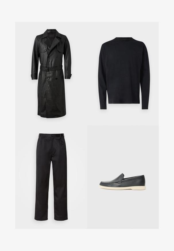 AllSaints NEO - Trenčkot - black; Čierna košeľa s dlhým rukávom vyrobená z jemného materiálu. Má okrúhly výstrih a spustené ramená. Hladká štruktúra bez viditeľných vzorov.; Čierne nohavice vyrobené z hladkej látky, s predným zapínaním na gombík, s plisovaním a rovnými nohavicami. Žiadne viditeľné vzory ani akcenty.; Čierne kožené slip-on mokasíny s textúrovaným povrchom a kontrastnou béžovou gumovou podrážkou. Obsahujú jemný akcent pozdĺž prednej časti.