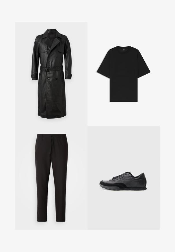 AllSaints NEO - Gabardina - black; Camiseta negra de manga corta y cuello redondo con un corte relajado y una pequeña etiqueta "BOSS" en el interior del cuello.; Pantalones de chándal negros de tejido suave. Cuentan con una cintura elástica con cordón, piernas ajustadas y sin bolsillos visibles. Diseño sencillo.; Zapatilla negra y gris con parte superior de cuero suave, acentos texturizados, puntera redonda, cierre de cordones de seis ojales y suela de goma estriada.