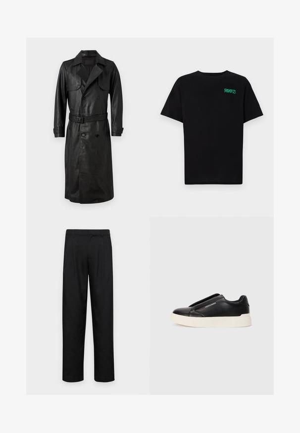 AllSaints NEO - Trenssi - black; Mustat t-paidat, jotka on valmistettu puuvillasta ja joissa on lyhyet hihat. Edessä vihreä "ROOTS"-logo, pyöreä kaula-aukko ja normaali istuvuus.; Mustat housut, jotka on valmistettu sileästä kankaasta, suoran lahkeen muotoilulla, kahdella etupleekillä ja tavanomaisella vyötäröllä, jossa on vyölenkit.; Musta liukusneakeri, jossa on teksturoitu nahkapinta, valkoinen kumipohja ja ei näkyviä nauhoja. Sivulla on brändin logo.