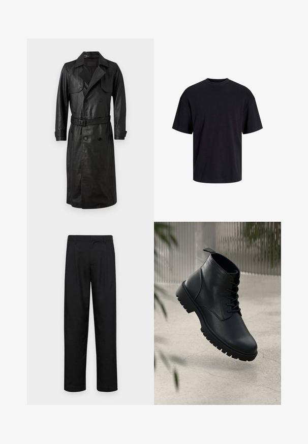 AllSaints NEO - Trenchcoat - black; Schwarzes Baumwoll-T-Shirt mit Rundhalsausschnitt, kurzen Ärmeln und lässiger Passform. Glatte Oberflächenstruktur und keine sichtbaren Muster oder Akzente.; Schwarze Hose aus glattem Stoff, mit geradem Bein Design, zwei vorderen Falten und einem Standardbund mit Gürtelschlaufen.; Schwarze Lederstiefeletten mit runder Zehenform, Schnürdesign und robustem Gummisohle. Glatte Textur mit einer Zuglasche an der Rückseite.
