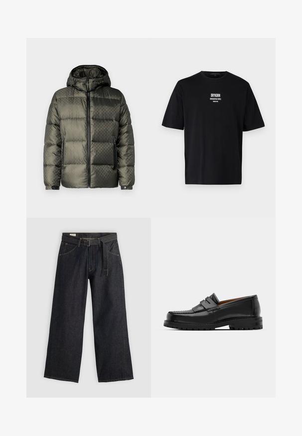 Zateplená bunda v tmavě zelené barvě s kapucí, s prošívaným vzorem, černým zipem a bočními kapsami pro praktičnost.; Černé bavlněné tričko s krátkými rukávy a kulatým výstřihem. Na přední straně je bílé textové logo "DRYKORN FOR BEAUTIFUL PEOPLE".; Tmavé denimové kalhoty s širokými nohavicemi a páskem v pase, s předními kapsami a kontrastním prošíváním. Hladká textura s čistým designem.; Černé kožené mokasíny mají zvýšený šev, dvě dekorativní pásky na svršku a silnou strukturovanou podrážku pro lepší přilnavost.