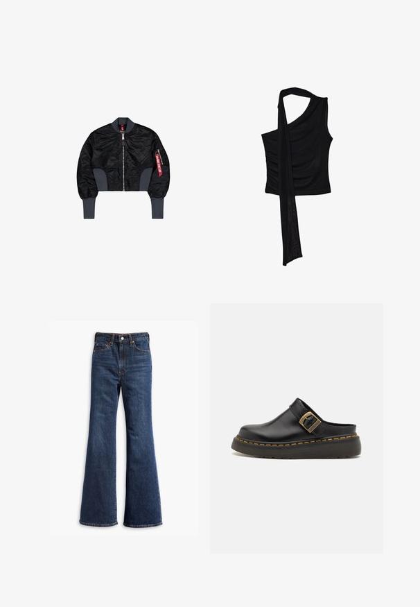Korte zwarte bomberjack van geborduurd materiaal, met ritsluiting, geribde manchetten en een zijvak met een rode labeldetail.; Zwarte mouwloze top met één schouderband, voorzien van een vloeiende, gedrapeerde accent en geplooide zijkant textuur. Gemaakt van een zachte stof.; Hogegarende donkerblauwe denim jeans met flared pijpen, sluiting met een knoop en rits aan de voorkant, en ontwerp met vijf zakken.; Zwarte leren mule klomp met een brede band en een messing gesp-detail. Beschikt over een getextureerde rubberen zool met gele stiksels.