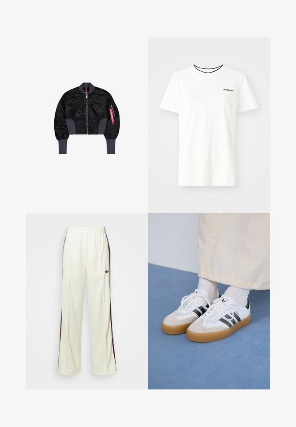 Rövidített fekete bomber dzseki steppelt anyagból, cipzáras záródással, bordázott mandzsettákkal és egy oldalsó zsebbel, amely piros címkés részlettel rendelkezik.; Fehér pamut póló rövid ujjakkal és kerek nyakkivágással. A mellkason egy fekete Adidas logó található, valamint kontrasztos fekete belső gallér.; Krémszínű, laza szabású melegítőnadrág, sötétbarna oldalsávokkal és hímzett logóval a bal combon.; Fehér sportcipő fekete csíkokkal és bézs velúr részletekkel. Texturált gumi talppal és lapos fehér fűzőkkel rendelkezik, világos színű zoknival viselve.