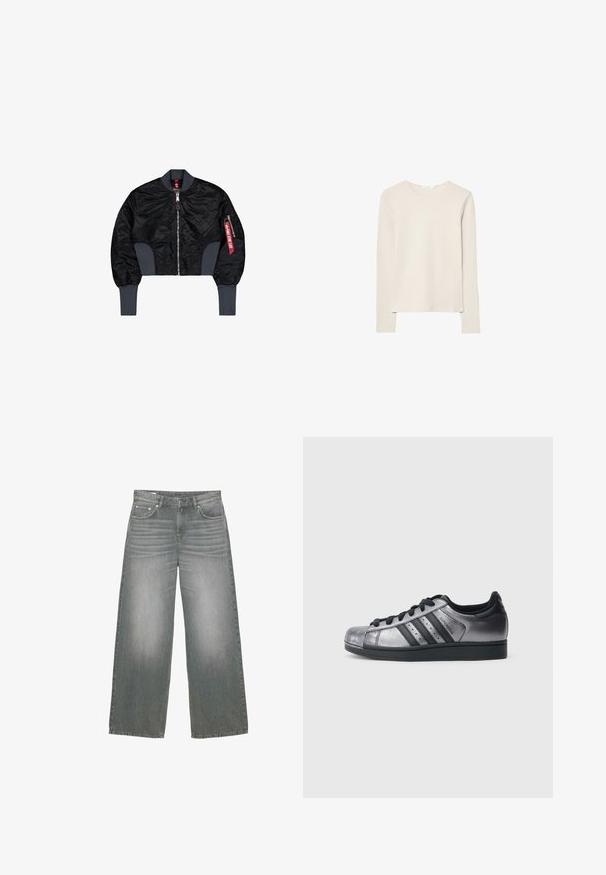Kort sort bomberjakke med quiltet stof, lynlås-lukning, ribbede manchetter og en sidelomme med et rødt mærke.; Lys beige langærmet top lavet af blød stof, med rund halsudskæring og en afslappet pasform med lige kant og minimal syning detaljer.; Bredde ben, grå denim jeans med en let falmet tekstur, fem-lomme design og klassisk knap- og lynlås lukning.; Sorte og metal-sølvfarvede sneakers med en rundet tå, tre sorte striber og en tekstureret overdel. Sorte snørebånd og gummisål.