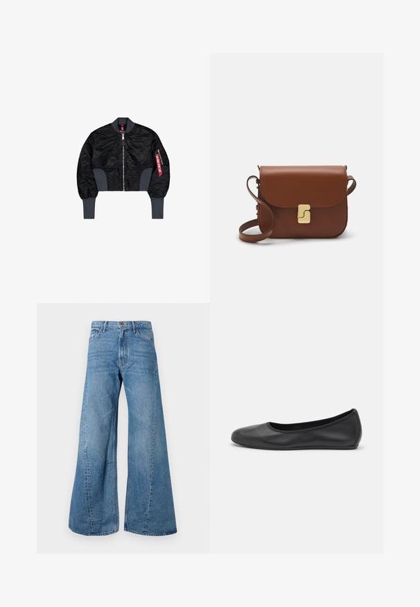 Räätälöity musta pommittaja-takki, jossa on tilkkutyökangas, vetoketjukiinnitys, ribbikierteiset hihansuut ja sivutasku, jossa on punainen etikettidetali.; Valkoinen lyhythihainen t-paita, joka on valmistettu ribbytedusta kankaasta. Pyöreä pääntiie, normaali istuvuus ja hienovaraiset ompeluyksityiskohdat. Ei kuvioita tai grafiikkaa.; Siniset leveälahkeiset farkut korkealla vyötäröllä, joissa on klassinen viiden taskun tyyli ja kevyttä haalistumista tekstuurin luomiseksi.; Musta nahkainen ballerina, jossa on pyöristetty kärki, sileä pinta, minimaalinen ommelkoristelu ja joustava pohjamuotoilu.; Ruskea nahkainen käsilaukku, jossa on läppäkiinnitys, kultasävyiset yksityiskohdat, olkahihna ja sileä pinta. Kompaktin suorakaiteen muotoinen.
