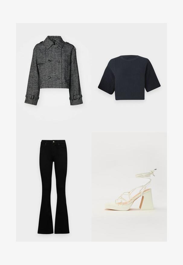 Gekürzte Doppelreihige Jacke im schwarzen und grauen Fischgrätmuster, mit großen Knöpfen, Seitentaschen und verstellbaren Manschetten.; Dunkelblaue cropped Strickjacke mit gerippter Textur, kurzen weiten Ärmeln und rundem Halsausschnitt. Schlichtes Design, keine sichtbaren Muster oder Akzente.; Schwarze hochtaillierte Jeans mit einem Knopf- und Reißverschluss, Fronttaschen und ausgestellten Beinen, flach auf einem weißen Hintergrund ausgelegt.; Weiße High-Heel-Sandale mit einem klobigen Absatz, die über ein Riemchendesign und ein Knöchelband verfügt. Glatte Textur mit einer Plattform vorne für zusätzliche Höhe.