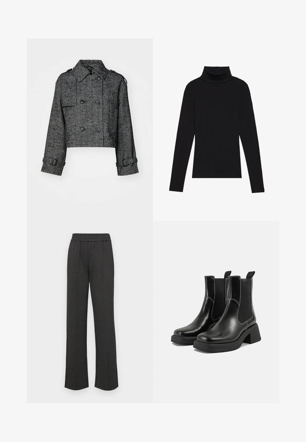 Kraftet dobbelspent jakke i svart og grå hakke mønster, med store knapper, sidelommer og justerbare mansjetter.; Svart høyhalset langermet topp, laget av ribbestrikket stoff, har en tettsittende design med høy hals og uten mønstre eller dekorasjoner.; Svart rette bukser med elastisk liv, frontfolder, myk stoff, og uten synlige mønstre eller maskinvare detaljer.; Sorte lær Chelsea støvler med en kraftig hæl, elastiske sidepaneler og kontrasterende hvid syning. Teksturert overflate.