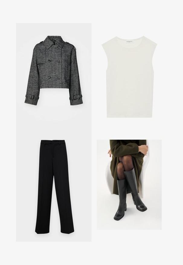 Fekete és szürke halszálkás mintázatú, cropped duplagombos dzseki, nagy gombokkal, oldalsó zsebekkel és állítható mandzsettákkal.; Fehér ujjatlan felső, kerek nyakkivágással. Simább anyagból készült, laza fazonnal és minimalista kialakítással rendelkezik. Nincsenek minták vagy díszítések.; Fekete, széles szárú nadrág sima anyagból, klasszikus derékrésszel, gombzárral és elülső redőkkel.; Térdfelett érő fekete bőr csizmák négyzet alakú orral és tömbtalppal, olajzöld kabátban ülő modellel bemutatva. Simaság, minimalista részletezés.