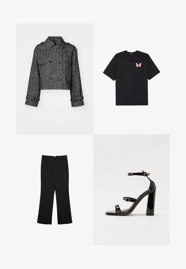 Gekürzte Doppelreihige Jacke im schwarzen und grauen Fischgrätmuster, mit großen Knöpfen, Seitentaschen und verstellbaren Manschetten.; Schwarzes Baumwoll-T-Shirt mit kurzen Ärmeln, das ein kleines pinkes Schmetterlingsmotiv auf der linken Brust zeigt. Crewneck-Design mit einem entspannten Schnitt.; Schwarze Hose mit geradem Schnitt, ausgestattet mit Fronttaschen und Seitenschlitzen am Saum. Hergestellt aus weichem, glattem Stoff. Geeignet für verschiedene Anlässe.; Schwarze Lackleder-Sandalen mit hohen Absätzen, zwei Riemen mit Schnallen, quadratischer Zehenpartie und klobigem Blockabsatz, mit einer glatten, glänzenden Textur.