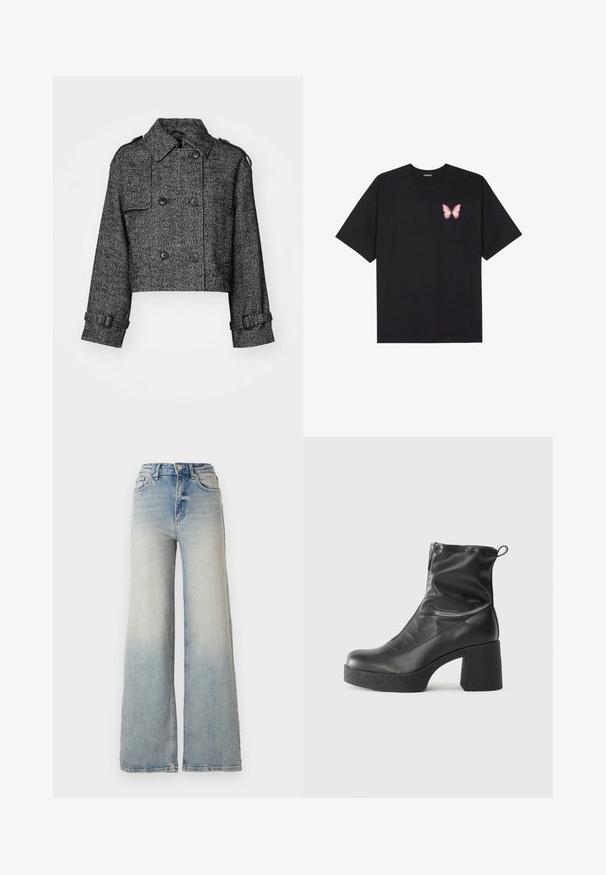 Lyhyeksi säädetty kaksirivinen takki musta-harmaassa herringbone-kuosissa, jossa on suuret napit, sivutaskut ja säädettävät hihansuut.; Musta puuvillapaita lyhyillä hihoilla, jossa on pieni vaaleanpunainen perhosgrafiikka vasemmassa rinnassa. Pyöreä kaula-aukko ja rento istuvuus.; Vaaleansiniset leveälahkeiset farkut, joissa on korkea vyötärö, viisi taskua ja näkyvät ompeleet saumoissa.; Mustat nilkkurit, jotka on valmistettu sileästä nahasta. Niissä on sivuvetoketju, paksu teksturoitu korko ja pyöristetty kärki.