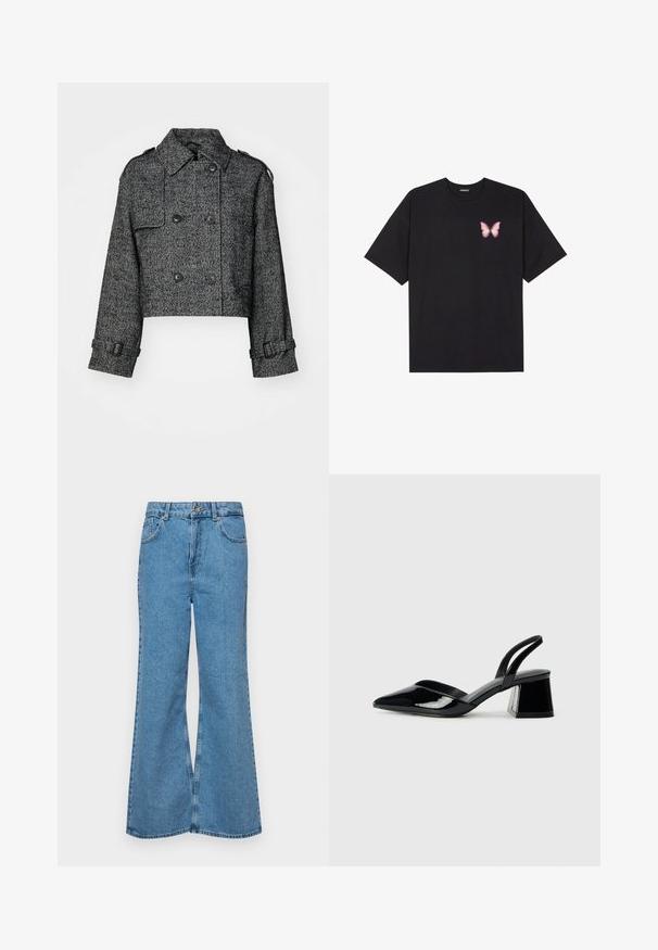 Cropped double-breasted jacket in black and gray herringbone pattern, with large buttons, side pockets, and adjustable cuffs.; Black cotton t-shirt with short sleeves, featuring a small pink butterfly graphic on the left chest. Crew neck design with a relaxed fit.; Light blue flared jeans made of denim, featuring a high waist, five pockets, and a single button closure. Soft texture with faded finish.; Black patent leather slingback heels with a pointed toe and a geometric block heel. Features a sleek, minimal design and smooth texture.