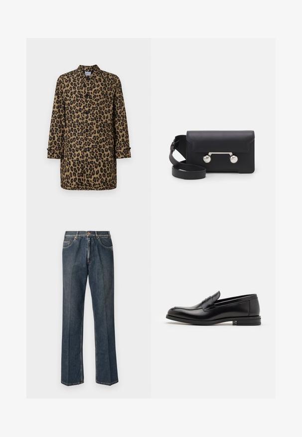 Abrigo de estampado de leopardo en marrón y negro con botones al frente, cuello puntiagudo y mangas largas, que presenta puños con acentos de botón.; Suéter de punto color crema con cuello de polo, puños y dobladillo acanalados, que presenta un tapeta frontal y una textura suave.; Camiseta de manga corta azul marino con el texto blanco "neanche per sogno" centrado en el pecho, cuello redondo, tamaño mediano.; Vaqueros de mezclilla de pierna recta en azul oscuro con botón frontal, cremallera, dobles bolsillos frontales y pliegues verticales visibles a lo largo de las piernas.; Mocasines de cuero negro con una textura suave, puntera redondeada y una tira decorativa en el empeine. Tacón bajo apilado, diseño minimalista.; Bolso cruzado de cuero negro con cierre de solapa, herrajes en tono plata y dos acentos redondos. Cuenta con una correa desmontable. Textura suave.