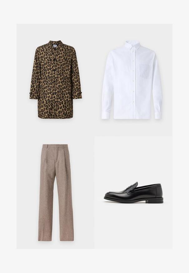 Leopard print coat in brown and black with a button front, pointed collar, and long sleeves, featuring cuffs with button accents.; White long-sleeve button-up shirt made of cotton, featuring a chest pocket with tonal embroidery, a collar, and button cuffs.; Brown, high-waisted trousers made of textured fabric. Features wide legs and two front pleats for structure. Neat finish with no visible hardware.; Black leather loafers with a smooth texture, rounded toe, and a decorative strap across the vamp. Low stacked heel, minimalist design.