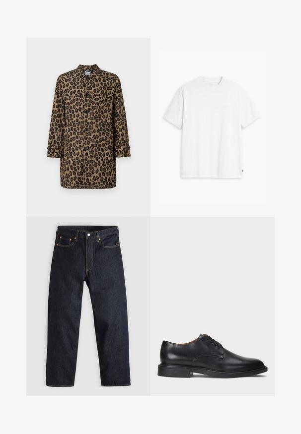 Prindi leopardi musteriga jakk pruunis ja mustas, nööpidega esiosaga, terava krae ja pikkade varrukatega, millel on nööpide aktsentidega mansetid.; Valge puuvillane T-särk lühikeste varrukatega, ümmarguse kaelusega ja esiküljel heledas toonis peen "Levi's" logo.; Tumedad sinised teksad sirge lõikega, viie taskuga, kontrastsete oranžide õmblustega ja nööpide kinnitusega. Ilma nähtavate mustrite või kaunistusteta.; Must musta kleitjalats ümarate varvastega, paeltega disain ja madal virnastatud konts. Sile tekstuur minimaalsete õmblustega.