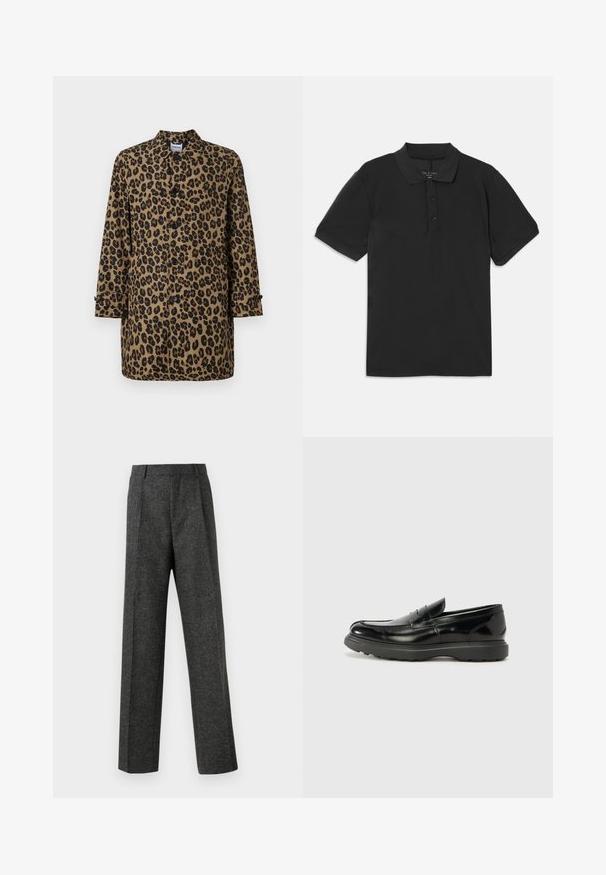 Leoparda raksta mēteli brūnā un melnā krāsā ar pogu aizdari, norādītu apkakli un garām piedurknēm, ar pogu akcentiem uz piedurknēm.; Melnā polo krekls ar īsām piedurknēm, apkakli un trīs pogu aizdari. Izgatavots no gludas, vieglas auduma, ar klasiska dizaina iezīmēm.; Pelēki piegriezti bikses, izgatavotas no tekstūras auduma, ar diviem priekšējiem krokām un taisnu kāju dizainu. Nav redzamu kabatu vai rotājumu.; Melnas ādas loafers ar spīdīgu apdari, noapaļota pirksta forma, smalkas šuvju detaļas un bieza gumijas zole ilgstošai lietošanai.
