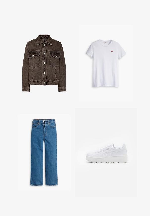 Brūna džinsu jaka ar apkakli, divām krūtīm kabatām un sudraba pogām. Ir mīksta tekstūra un klasiskā fasonā ar garām piedurknēm.; Balts kokvilnas T-krekls ar īsām piedurknēm un apaļu dekoltē. Satur mazu sarkanu Levi's logotipu kreisajā krūšu daļā.; Zilo denima taisna griezuma džinsi ar augstu vidukli, piecu kabatu dizainu un pogu aizdari. Pamanāmas šuves un vara krāsas kniedes.; Baltas platform sneakers ar gludu ādas tekstūru, perforētiem akcentiem un plakaniem šņorēm; aprīkots ar biezu baltu gumijas zoli.