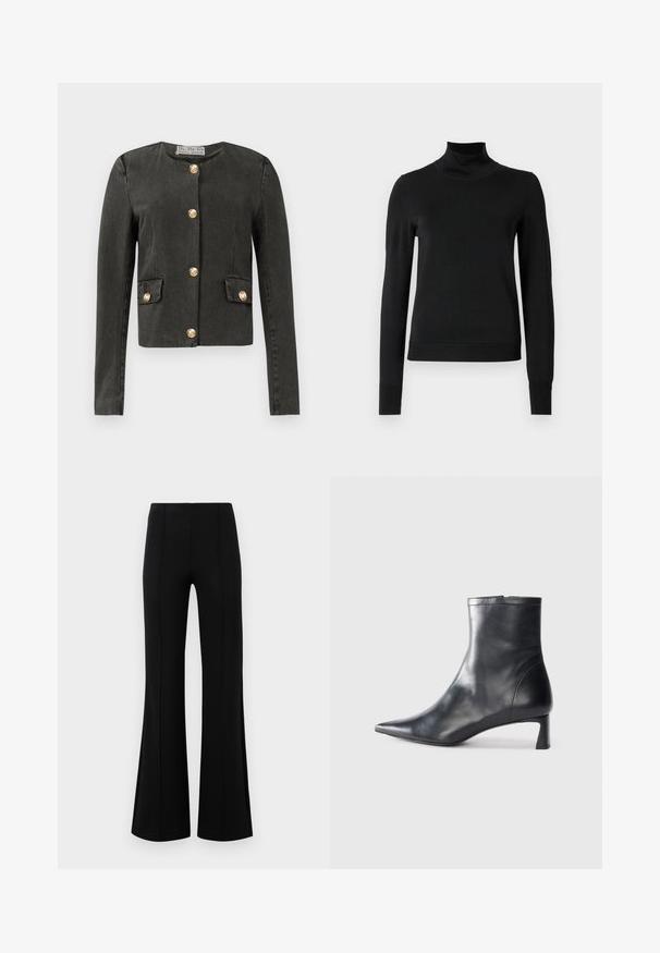 Tamno siva jakna dugih rukava s zlatnim dekorativnim gumbima duž prednje strane i na lažnim džepovima, okrugli izrez i uski kroj.; Crna dugosruga majica s rolijom i rebrastim manžetama i donjim rubom, prikazana na jednostavnoj bijeloj pozadini.; Crne siraste hlače visokog struka, izrađene od rastezljivog materijala. Imaju vertikalne šavove sprijeda i glatku teksturu.; Crne kožne gležnjače s uskim vrhom i elegantnim dizajnom. Imaju niski potpetak i zatvaranje na patentni zatvarač straga. Glatka tekstura.