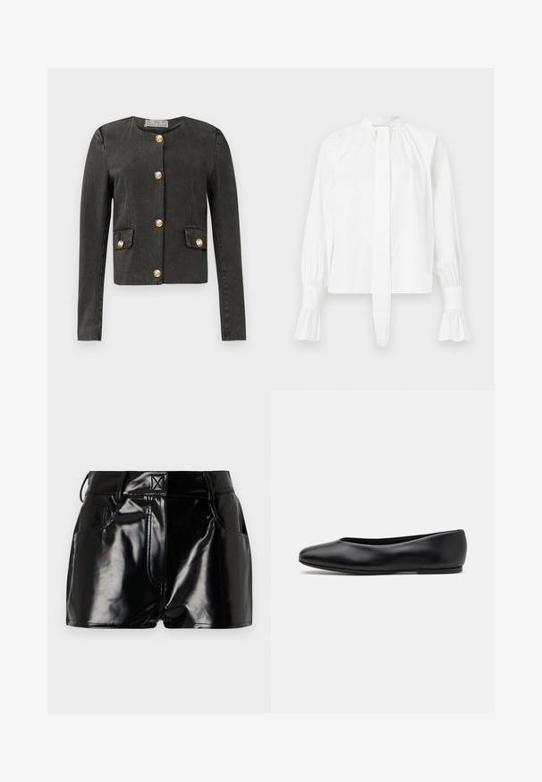 Temno siva dolga jakna z dolgimi rokavi in z zlatimi dekorativnimi gumbi spredaj in na lažnih žepih z zavihkom, okroglim izrezom in oprijetim krojem.; Bela dolgosleeve bluza iz bombaža z mandarin ovratnikom, detajlom vezanja in nabranimi manšetami. Gladka tekstura in minimalistična zasnova.; Črne, sijoče kratke hlače iz sintetičnega materiala. Imajo prilegajoč pas, zanke za pas in sprednje žepe z izrazitimi šivi.; Paul Smith TOPANGA - Balerinke - black