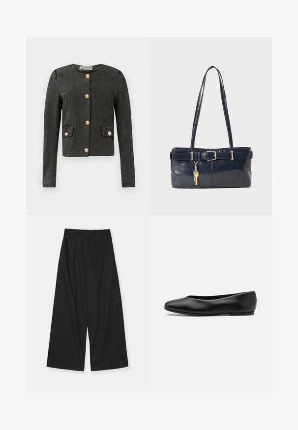 Donkergrijze lange mouwen jas met gouden decoratieve knopen aan de voorkant en op nep-flapzakken, ronde halslijn en getailleerde pasvorm.; Gestreept overhemd met een witte basis, voorzien van smalle, veelkleurige lijnen in blauw, oranje en groen. Lange mouwen en een klassieke kraag.; Zwarte wijde broekspijp gemaakt van een gladde stof, met een hoge taille, voorplooien, een knoopsluiting en een rechte silhouet.; Paul Smith TOPANGA - Ballerina's - black; Marine leren handtas met twee lange hengsels, een gespdetail en een sleutelhanger eraan bevestigd. Heeft een gladde textuur en een rechthoekige vorm.