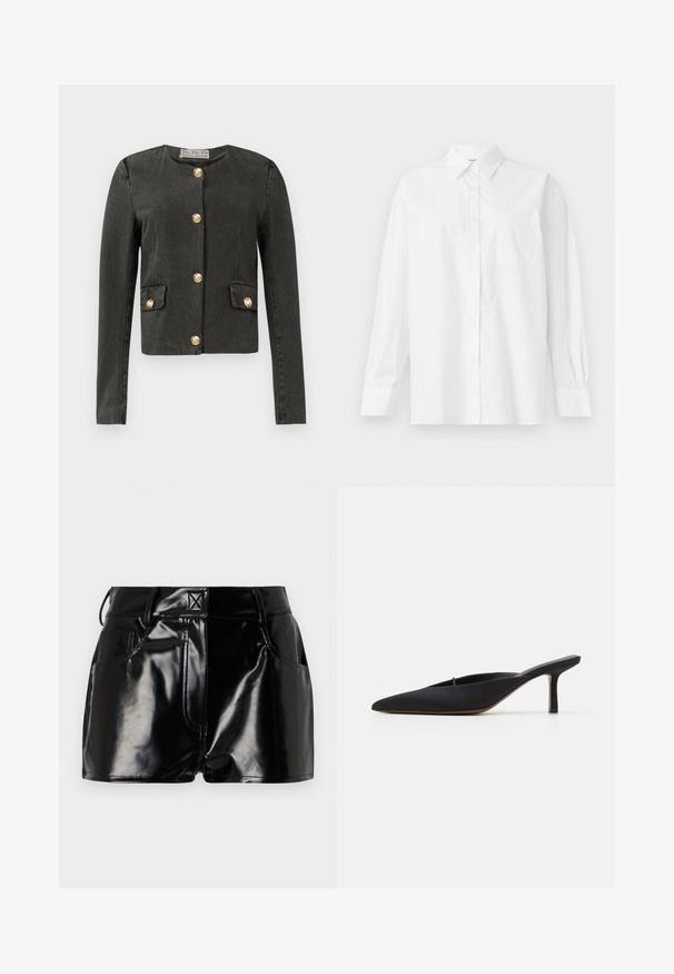 Dark gray long-sleeve jacket with gold decorative buttons down the front and on faux flap pockets, round neckline, and fitted cut.; White long-sleeve shirt made of cotton, featuring a classic collar, button closure, and a single breast pocket on the left side.; Black, glossy shorts made of synthetic material. Features a fitted waist, belt loops, and front pockets with prominent stitching details.; Black pointed-toe mule with a sleek design, made of smooth fabric, featuring a slender heel and open back for easy wear.