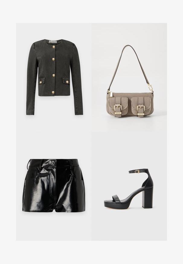 Casaco de manga longa cinza escuro com botões decorativos dourados na parte da frente e nos bolsos falsos, gola redonda e corte ajustado.; Camisa branca de manga longa feita de algodão, com colarinho clássico, fecho de botão e um único bolso no lado esquerdo.; Calções pretos e brilhantes feitos de material sintético. Apresentam uma cintura justa, passantes para cinto e bolsos frontais com detalhes de costura proeminentes.; Sandálias pretas de plataforma com um salto bloco espesso, material de couro liso, design de ponta aberta e uma tira no tornozelo com um destaque em fivela dourada.; Bolsa de mão texturizada bege com alça ajustável, dois bolsos frontais fechados por fivelas e detalhes em metal dourado. Fecho em zíper na parte superior.