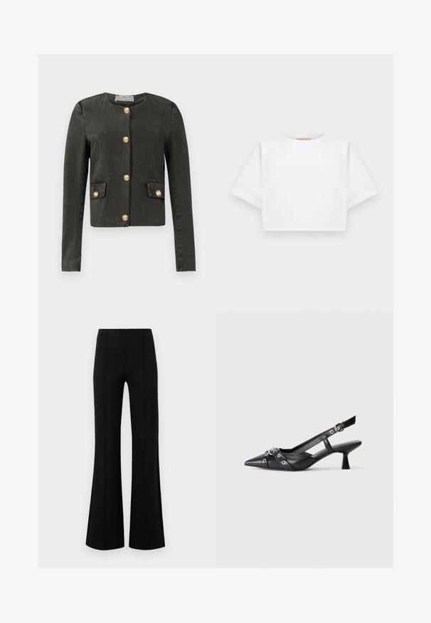 Chaqueta de manga larga gris oscuro con botones decorativos dorados en el frente y en los bolsillos de solapa falsos, cuello redondo y corte ajustado.; Camiseta blanca corta hecha de una tela suave, con mangas cortas, escote redondo y detalles de ribete en el dobladillo. Diseño simple y sin adornos.; Pantalones acampanados negros de cintura alta, fabricados en tejido elástico. Presentan detalles de costura vertical en la parte delantera y una textura suave.; Zapato de slingback negro de piel con punta afilada, correas decorativas con ojales de metal y un tacón bajo y ancho. Superficie texturizada.