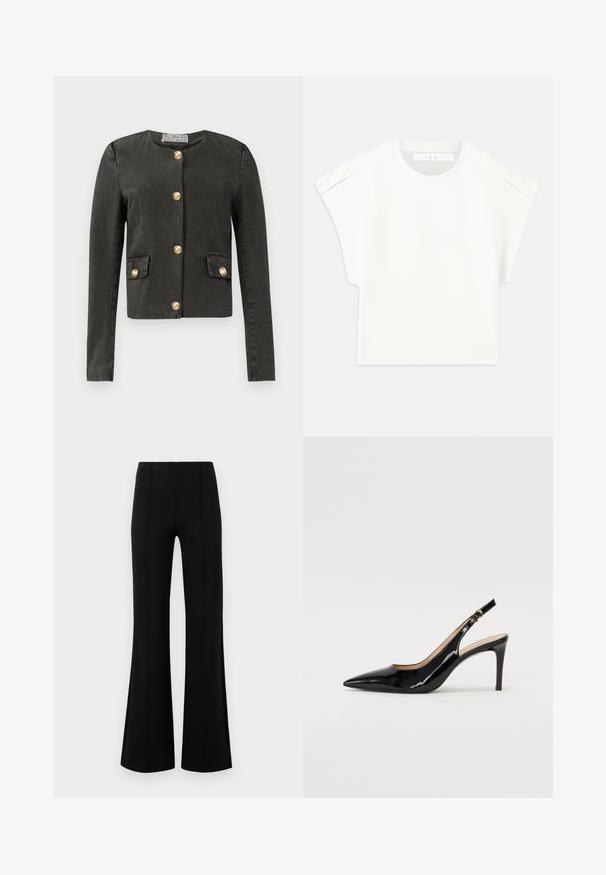 Jachetă lungă de culoare gri închis, cu mâneci lungi, decorată cu butoane aurii pe față și pe buzunarele false, decolteu rotund și croială ajustată.; Tricou alb, cu croială pătrată și mâneci scurte. Fabricat dintr-un material fin, cu decolteu rotund și accente subtile la umeri. Design simplu.; Pantaloni negri evazați, cu talie înaltă, fabricați dintr-un material elastic. Prezintă detalii cu cusături verticale în față și o textură netedă.; Pantofi slingback din piele patent neagră, cu vârful ascuțit, tocul subțire și un design discret cu decupaj. Se evidențiază printr-un cataramă aurie pe curea.