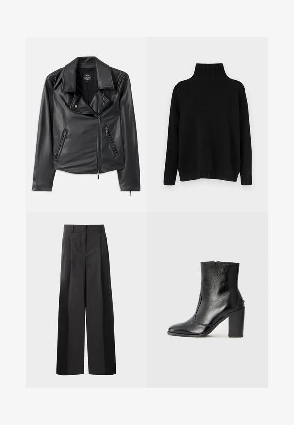 Jachetă de motociclist din imitație de piele neagră, cu rever larg, fermoar asimetric pe față și două buzunare cu fermoar. Textură netedă, formă îmbrățișată.; Pulover negru tricotat, cu guler înalt cu dungi groase, umeri lăsați și croială lejeră. Are manșete și tiv cu dungi groase pentru textură.; Pantaloni negri cu talie înaltă, cu picioare largi, având pliseuri frontale, o textură netedă și un finisaj croit. Concepuți pentru o croială relaxată.; Botină din piele neagră, cu o textură netedă, vârf ascuțit și toc gros, înalt. Dispune de o deschidere laterală și un design minimalist.