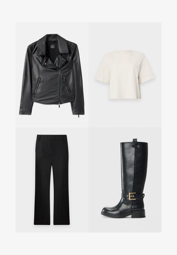 Jaqueta de moto em couro sintético preto com lapelas largas, zíper frontal assimétrico e dois bolsos com zíper. Textura suave, forma ajustada.; T-shirt cropped de cor creme, feita de tecido canelado, com decote redondo e mangas curtas, apresentando um ajuste descontraído.; Calças pretas, design de perna reta, feitas de um tecido suave. Apresentam pregas frontais subtis e uma cintura plana com passantes para cinto.; Bota de couro preta até ao joelho, com um pequeno salto bloco, uma tira decorativa com fivela dourada à volta do tornozelo e uma aba na parte superior.