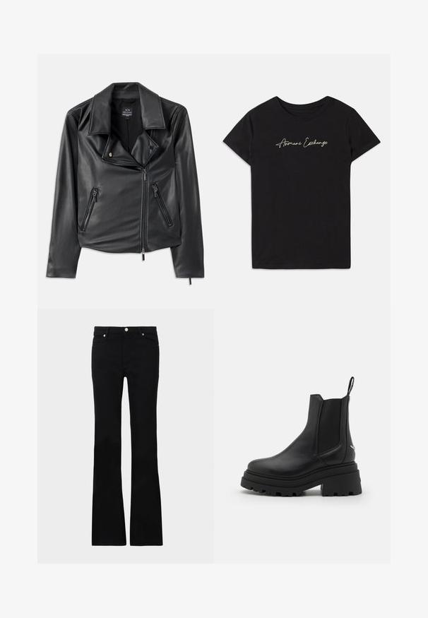 Zwarte neplederen motorjack met brede revers, een asymmetrische ritssluiting aan de voorkant en twee ritszakken. Glad textuur, aansluitende pasvorm.; Zwarte katoenen T-shirt met korte mouwen en een ronde hals, voorzien van een cursief "Armani Exchange" logo in het wit.; Zwarte flared jeans van denim, met twee voorzakken, een knoopsluiting en een gladde textuur. Kenmerkende stiksels zichtbaar bij de naden.; Zwarte chelsea laarzen van glad leer met elastische zijpanelen, een dikke, geribbelde rubberen zool en een aantrekbandje aan de achterkant.