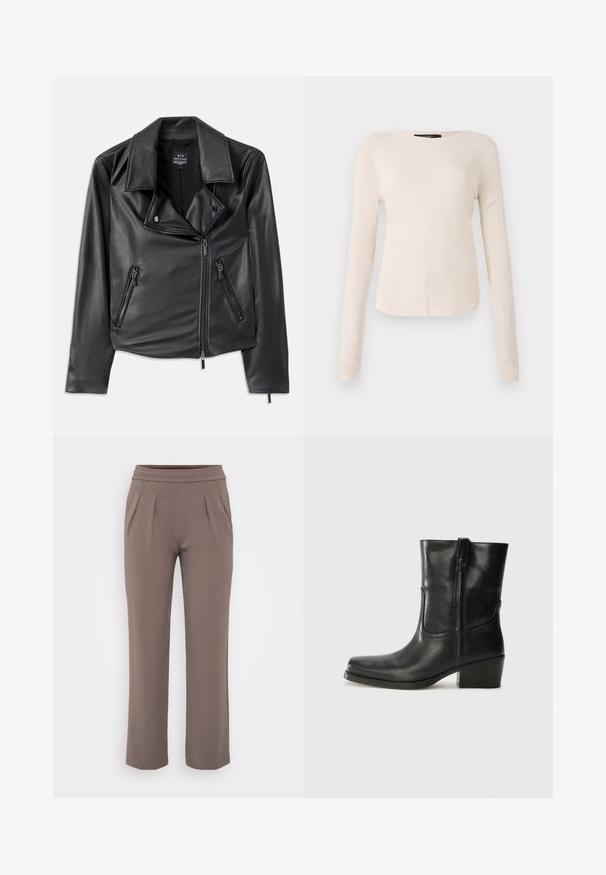 Black faux leather motorcycle jacket with wide lapels, asymmetrical front zipper, and two zippered pockets. Smooth texture, fitted shape.; Long-sleeve, light beige top with a round neckline. Made of soft fabric, features a central seam and slightly curved hem. No visible hardware.; Taupe loose-fit trousers with elastic waistband and front pleats, made from smooth fabric.; Black leather ankle boot with a rounded toe, block heel, side zipper, and stitching accents on the vamp. Smooth texture, classic design.