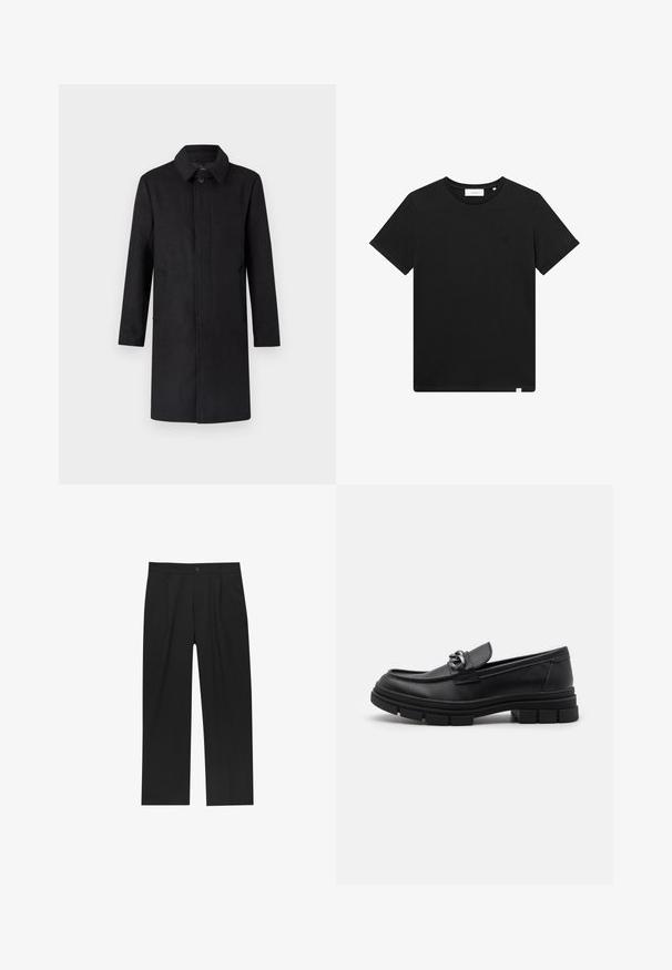 Zwart wollen jas met een reverskraag, lange mouwen en steekzakken aan de zijkant. Het ontwerp is recht gesneden en heeft een knoopsluiting aan de voorkant.; Zwarte T-shirt met korte mouwen van katoen, met een ronde hals en een klein logo geborduurd op de borst. Soepele textuur, normale pasvorm.; Zwarte broeken met een recht model, gemaakt van een gladde stof. Voorzien van een voorplooien en een enkele knoopsluiting bij de taille.; Zwarte leren instapper met een ronde neus, een decoratieve band en hardware, en een chunky, gestructureerde zool. Glad afwerking met subtiele details.