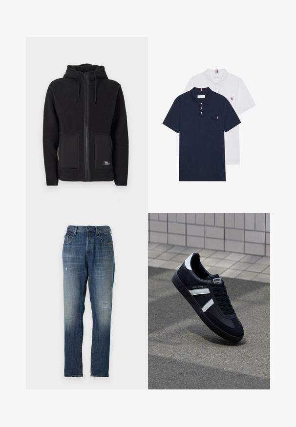 Zwarte fleecejas met capuchon, voorzien van een volledige rits, twee voorzakken en een gestructureerde stof voor warmte. Label aan de onderkant aan de linkerkant.; Twee polo shirts: één marineblauw en één wit, beide met een kleine rood, wit en blauwe accent op de borstzak en kraag.; Denim jeans in een vervaagde blauwe kleur, met een recht model, gematigde beschadigingen aan de voorkant en een klassieke vijf-pocket stijl.; Zwarte leren sneaker met witte strepen, een gestructureerde rubberen zool en vetersluiting aan de voorkant. Voorzien van een merklabel op de tong.