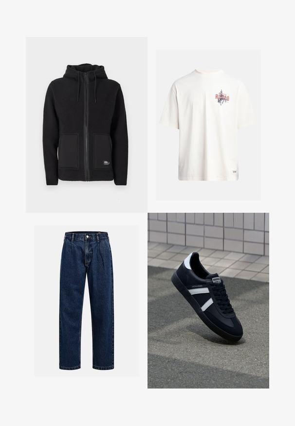 Black fleece jacket with a hood, featuring a full zipper, two front pockets, and textured fabric for warmth. Label on the bottom left side.; Cream cotton t-shirt with short sleeves and a crew neckline. Features a graphic print in blue and red with text and a motif.; Dark blue denim jeans with a straight-leg design. Features visible stitching, a button closure, and front pleats for added detail.; Black leather sneaker with white stripes, textured rubber sole, and lace-up front. Features a branded label on the tongue.