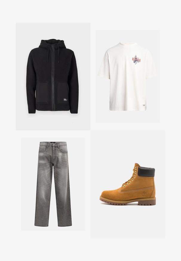 Černá fleecová bunda s kapucí, s plným zipem, dvěma předními kapsami a texturovanou látkou pro teplo. Štítek na levé dolní straně.; Krémové bavlněné tričko s krátkými rukávy a kulatým výstřihem. Obsahuje grafický potisk v modré a červené barvě s textem a motivem.; Šedé džíny z denimu s volným střihem, s detaily vyblednutí a škrábáním, klasickým pětikapsovým designem a zapínáním na knoflík.; Hnědé semišové kotníkové boty s černým polstrovaným límcem, zlatými kovovými očky, bílým prošíváním a odolnou gumovou podrážkou s výraznými drážkami.