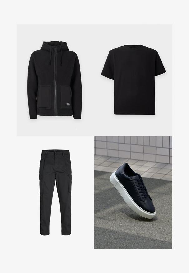 Zwarte fleecejas met capuchon, voorzien van een volledige rits, twee voorzakken en een gestructureerde stof voor warmte. Label aan de onderkant aan de linkerkant.; Zwarte T-shirt met korte mouwen van gemerceriseerd stof, met een ronde halslijn en een relaxte pasvorm. Eenvoudig, zonder patronen of accenten.; Zwarte cargobroek van stevig stof, met meerdere zakken, een knoopsluiting en een slim fit ontwerp met taps toelopende benen.; Zwarte leren sneaker met een ronde neus en een witte rubberen zool. Voorzien van platte veters en minimale stiksels op het bovenwerk. Textuurrijke zool voor grip.