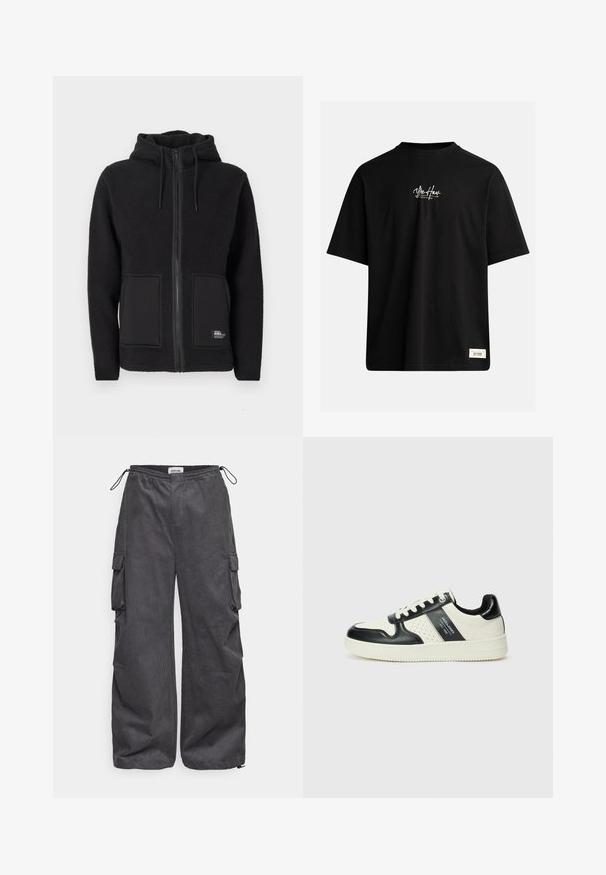 Giacca di pile nera con cappuccio, dotata di zip completa, due tasche frontali e tessuto strutturato per il calore. Etichetta nella parte inferiore sinistra.; T-shirt nera a maniche corte in cotone. Presenta un piccolo logo bianco sul petto e un'etichetta rettangolare in basso a destra.; Pantaloni cargo grigi con un tessuto texturizzato, vita elastica, cordino e dettagli con tasche laterali. Vestibilità ampia con gambe larghe.; Sneakers in pelle con una combinazione di colori nero e crema, dotati di dettagli perforati, collare imbottito e suola testurizzata.