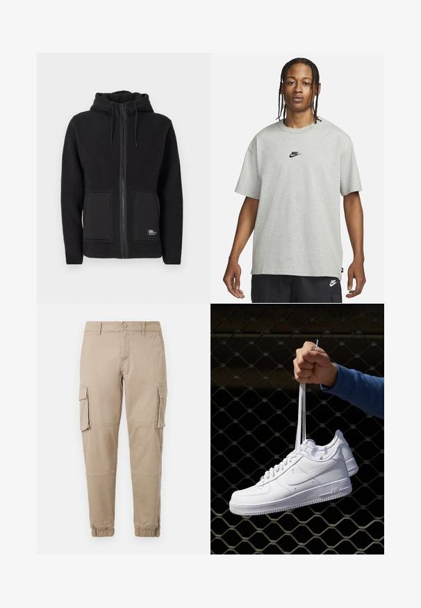 Sort fleecejakke med hætte, med fuld lynlås, to forlommer og tekstureret stof for varme. Mærke på nederste venstre side.; Ung person med fletninger iført en lys grå Nike T-shirt og sorte Nike shorts mod en ensfarvet hvid baggrund.; Beige cargo bukser i et letvægts bomuldsstof. Har elastiske manchetter, flere sidelommer og en knaplukning.; Hvide lædersneakers med perforeringer, rund tå, flad sål og tykke snørebånd, med et synligt swoosh-logo og "AIR" på hælen.