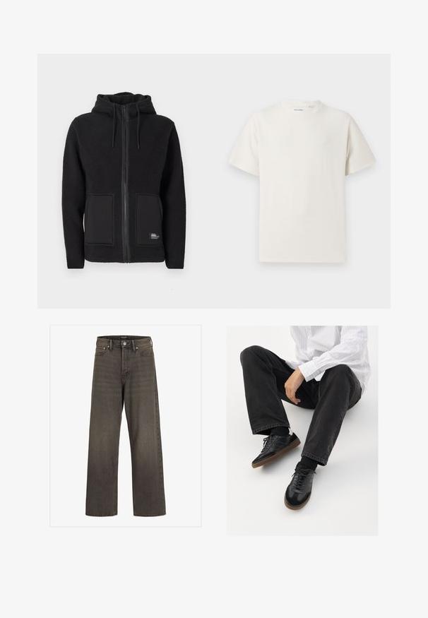 Svart fleecejakke med hette, som har full glidelås, to frontlommer og strukturert stoff for varme. Merke på nederste venstre side.; Hvit T-skjorte med kort erm i ribbestrikket tekstur. Rund hals, avslappet passform, ingen synlige mønstre eller detaljer. Enkelt og allsidig design.; Videbukser i mørkegrå denim, med høj talje, klassisk fem-lomme design og kontrasterende syninger langs sømmene.; Svarte joggesko med en glatt og teksturert overflate, med gummisåle og mørke snører. Kombinert med svarte jeans og en hvit stripet skjorte.