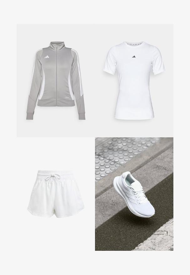 Szürke sportdzseki magas gallérral, fehér oldalsó panelek és három csíkkal az ujjakon. Teljes hosszában cipzáros elülső rész és strukturált anyag jellemzi.; Fehér sportpóló, rövid ujjú, sima, rugalmas anyagból készült. Kicsi fekete Adidas logó található a mellkasán.; Fehér sportcipőnadrág rugalmas derékrésszel és állítható húzózsinórral. Könnyű anyagból készült, oldalzsebekkel rendelkezik és laza szabású.; Fehér sportcipő hálós felsőrésszel, fűzős kialakítással és texturált talppal. Diszkrét logózás és zökkenőmentes kivitelezési részletek láthatók.
