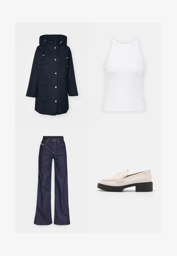 Navy waterproof parka with a hood, featuring gold-tone hardware, snap button front, and multiple front pockets. Smooth fabric, knee-length design.; White sleeveless tank top made of ribbed fabric, featuring a rounded neckline and a fitted silhouette, with minimal seams and no embellishments.; Dark blue wide-leg jeans in denim fabric with a high waist, featuring orange stitching, five-pocket design, and a button closure.; Light beige leather loafers with a stitched front and a textured black platform heel. Features a curved design and a slight elevation.