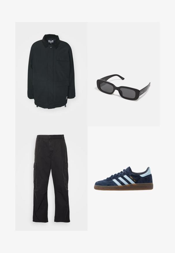 Carhartt WIP CLARTON COAT - Short coat - black; White long-sleeve button-up shirt with a collar, front pocket, and subtle texture. Front placket features buttons and a small logo detail.; Black cargo pants with a straight-leg design, featuring two side pockets, a button closure, and a textured fabric.; Navy blue suede Adidas sneaker with light blue stripes, gum sole, light blue heel tab, and gold "Spezial" branding on the side.; Black rectangular sunglasses with dark lenses, smooth plastic frames, and wide arms. Subtle branding on the side.